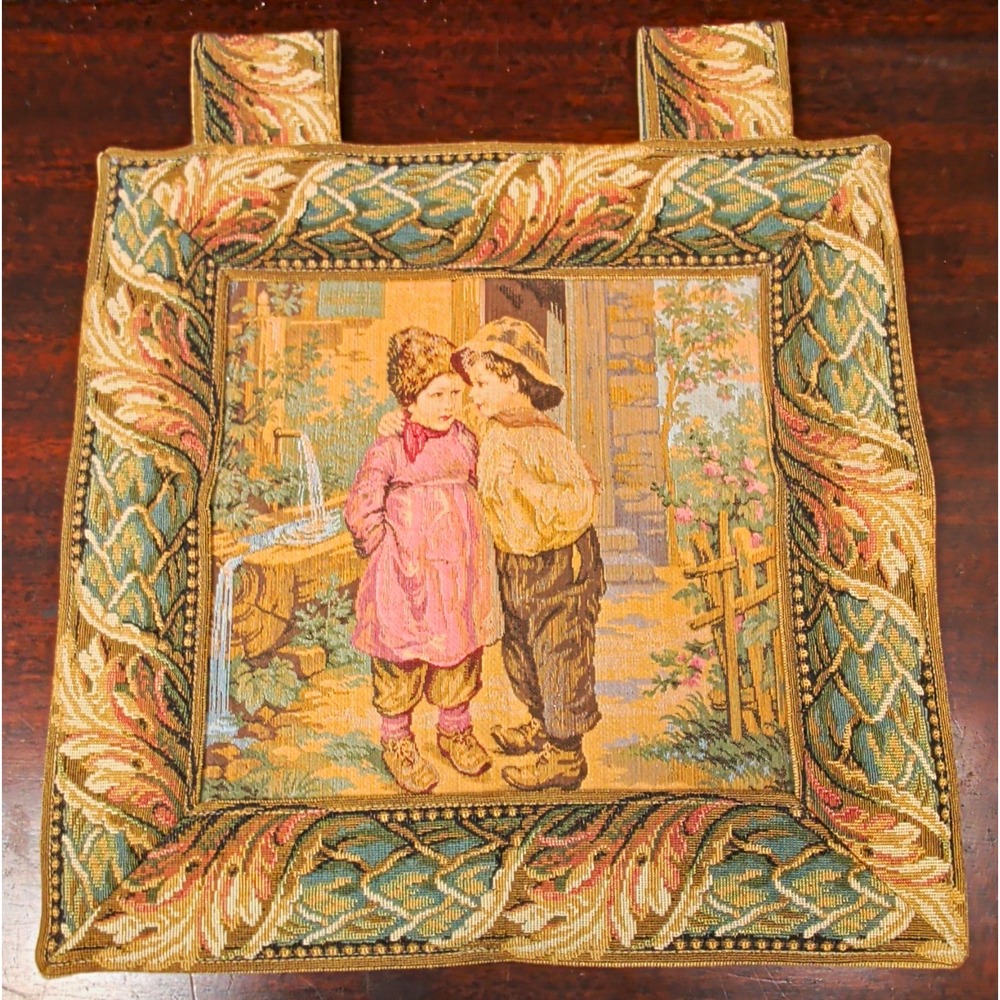 Au Point De Bruges Belgian Tapestry Wall Hanging Vintage Children 14x14